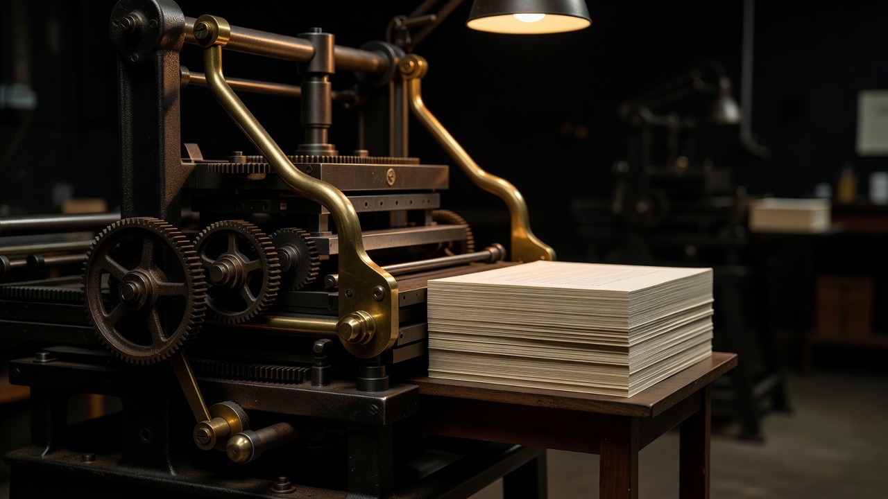 A letterpress with brass and cast-iron details beside a stack of thick cream paper, under a warm workshop lamp